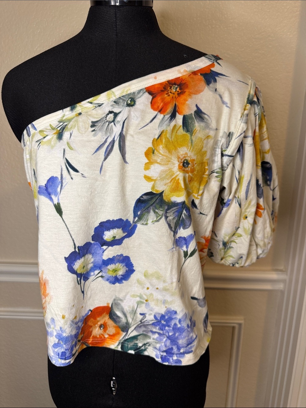 Express Floral One-Shoulder Crop Top in Cream, Blue & Yellow